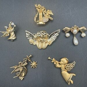 Lot of 6 “Cherub & Angels” Gold Tone Faux Pearl Rhinestone Brooch Pins-2 Dangle